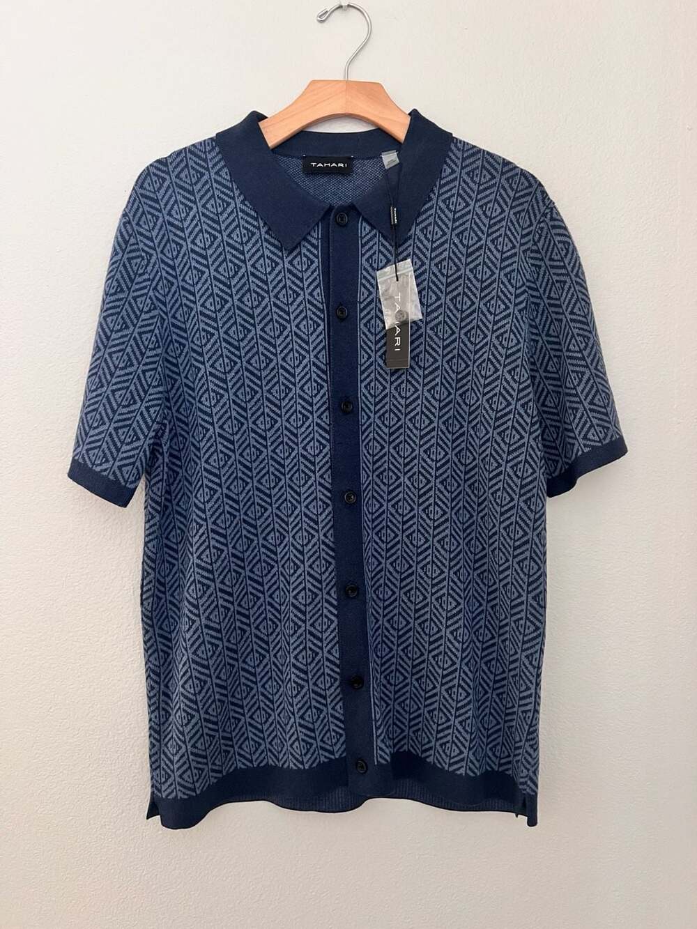 Tahari Men Blue Geo Jacquard Short Sleeve Knit Button Down Shirt Size M